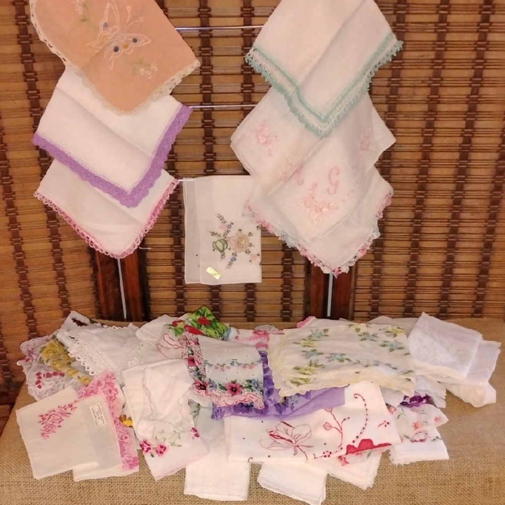 Assorted Vintage Embroidered Handkerchiefs Floral Monogramed, Crocheted 72 Total